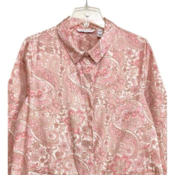 Isaac Mizrahi Live Button-Up Tunic Top Womens Size 8 Pink Tan Floral Long Sleeve - Picture 2 of 9